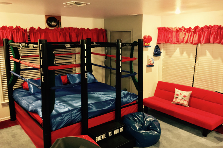 rocky bedroom with boxing ring bed